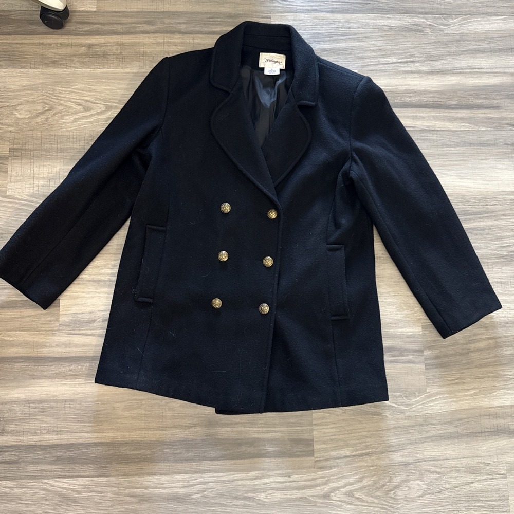 VTG Worthington Women's Black Double breasted 100% Wool Pea Coat Size 12
